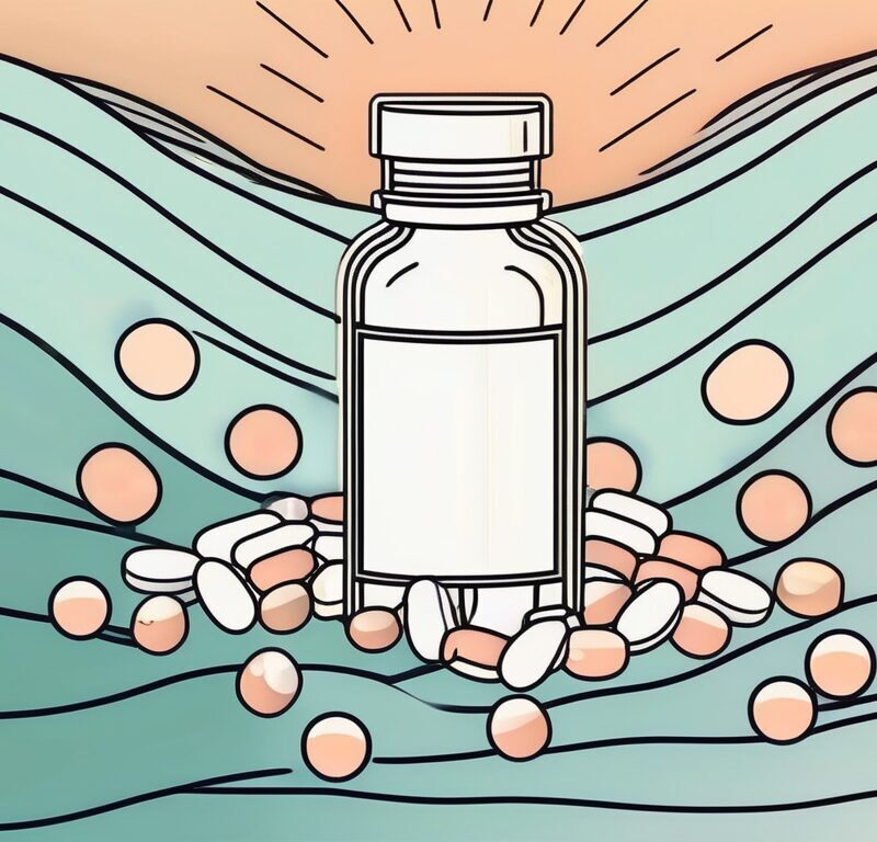 A pill bottle with a few small pills spilling out