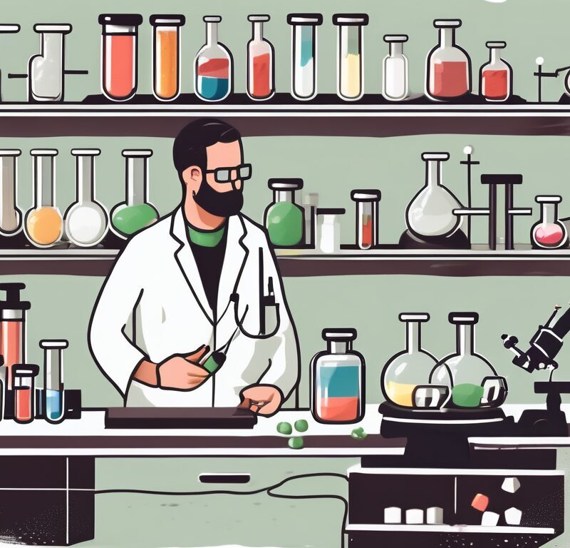A compounding pharmacy lab with various scientific tools and equipment
