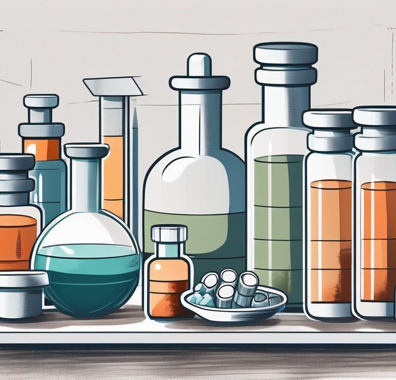 A compounding pharmacy setting with various medical tools