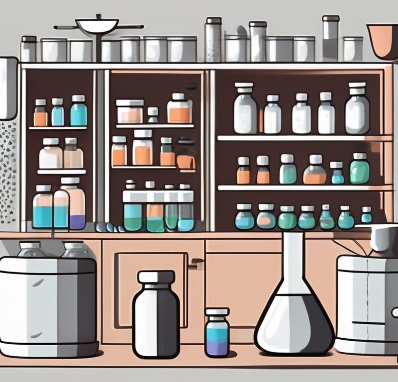 A compounding pharmacy with various tools and equipment like a mortar and pestle