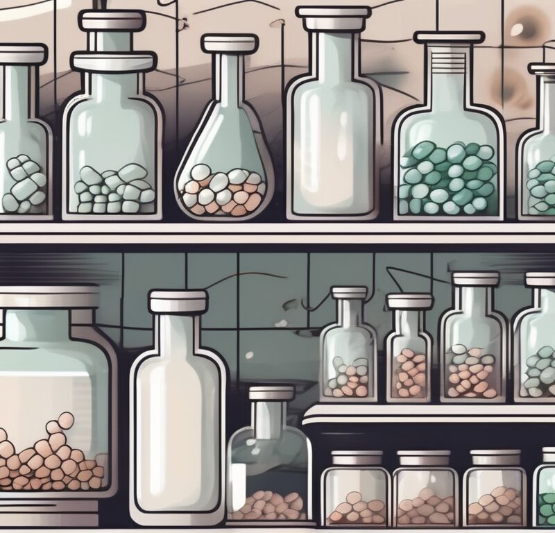 A compounding pharmacy with various medical equipment like a mortar and pestle