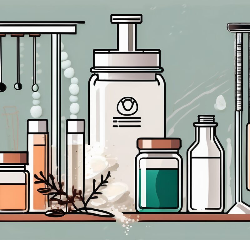 A compounding pharmacy setting with various tools and ingredients