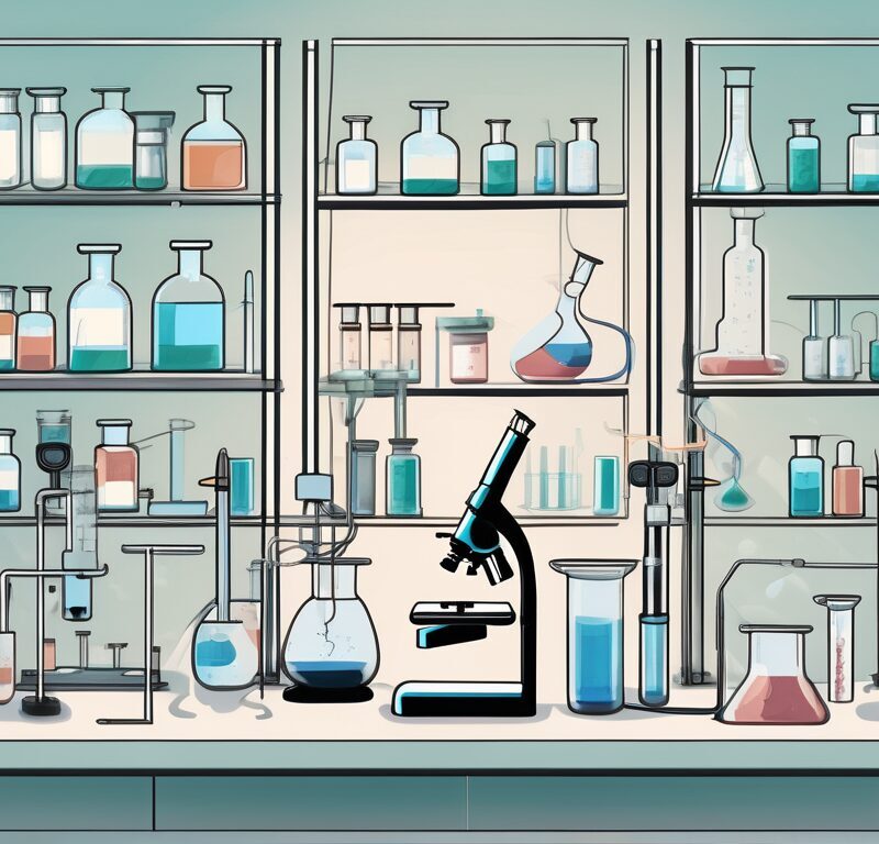 A pristine pharmacy lab with various pieces of equipment like microscopes